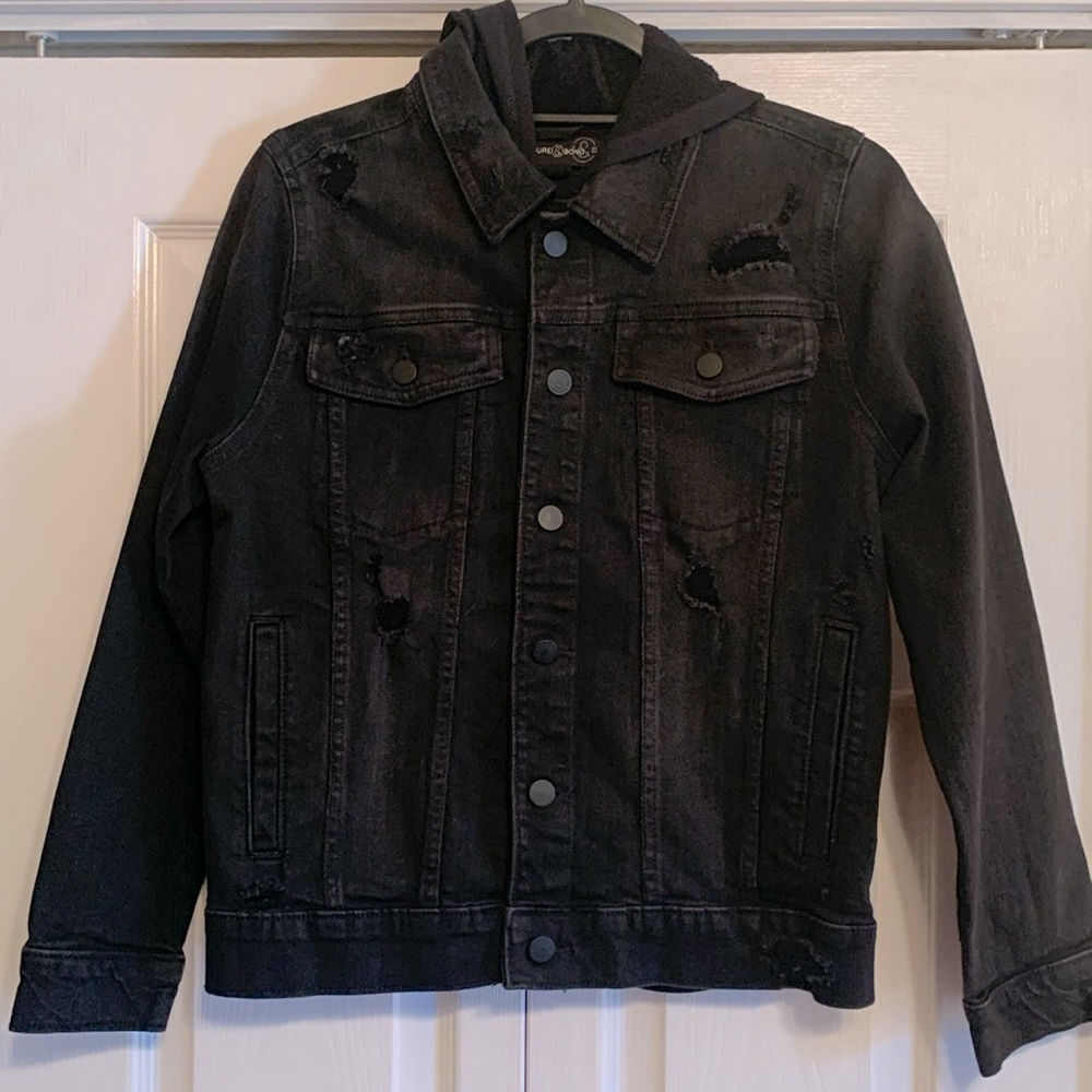 Treasure & Bond, distressed denim jacket with hood, Adult: Small, SZ 14/16, NWOT